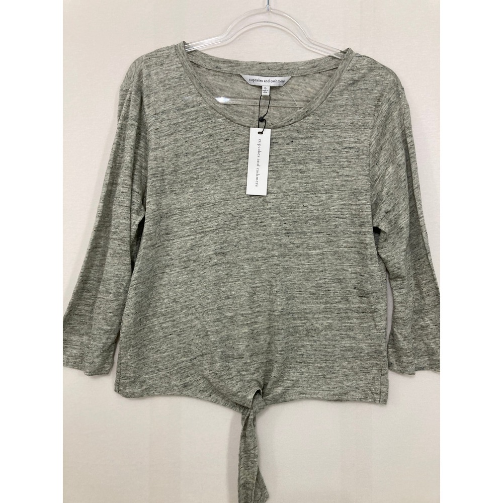 New Cupcakes and Cashmere Linen Tie Front Top Large Grey 3/4 Sleeve Knit Casual